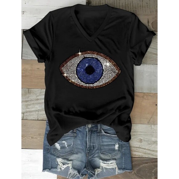 Women's T-Shirt 2D Print Evil Eye No Reinstones Short Sleeve Medium Size - Picture 3 of 13
